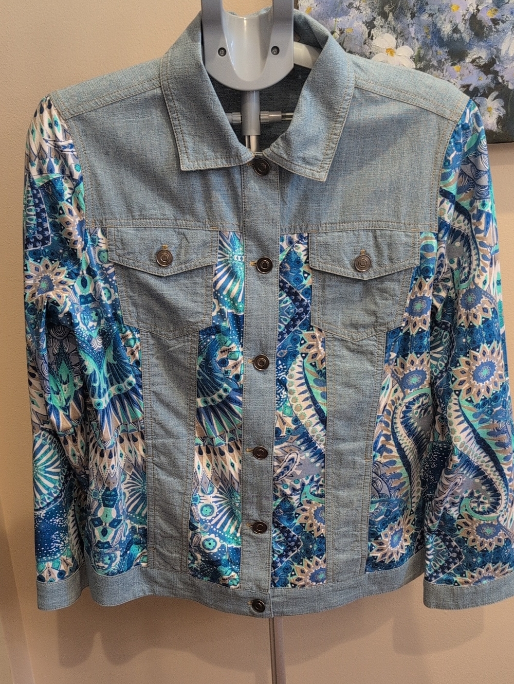 Chico's Light Blue Denim Jacket with Blue & Teal Patterned Panels